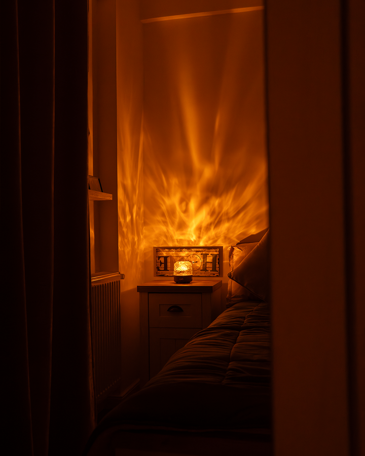 Des reflets de flammes de Havie dansent sur les murs d'une chambre
