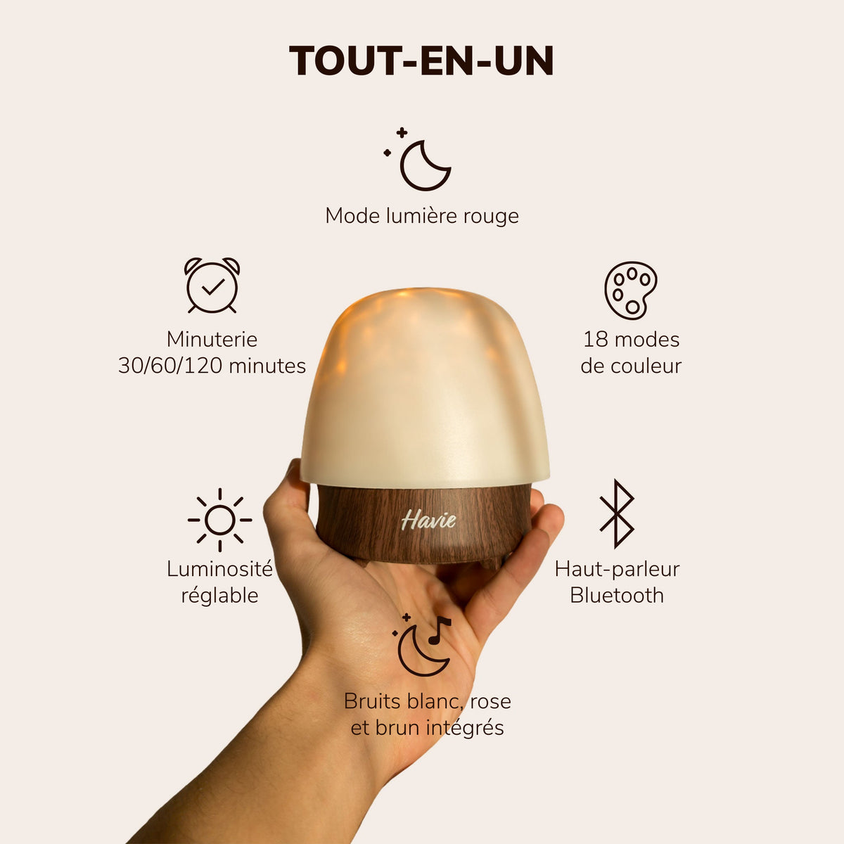 Havie, tout-en-un : lumière rouge, 18 couleurs, minuteur, luminosité réglable, enceinte Bluetooth et sons pour dormir intégrés.